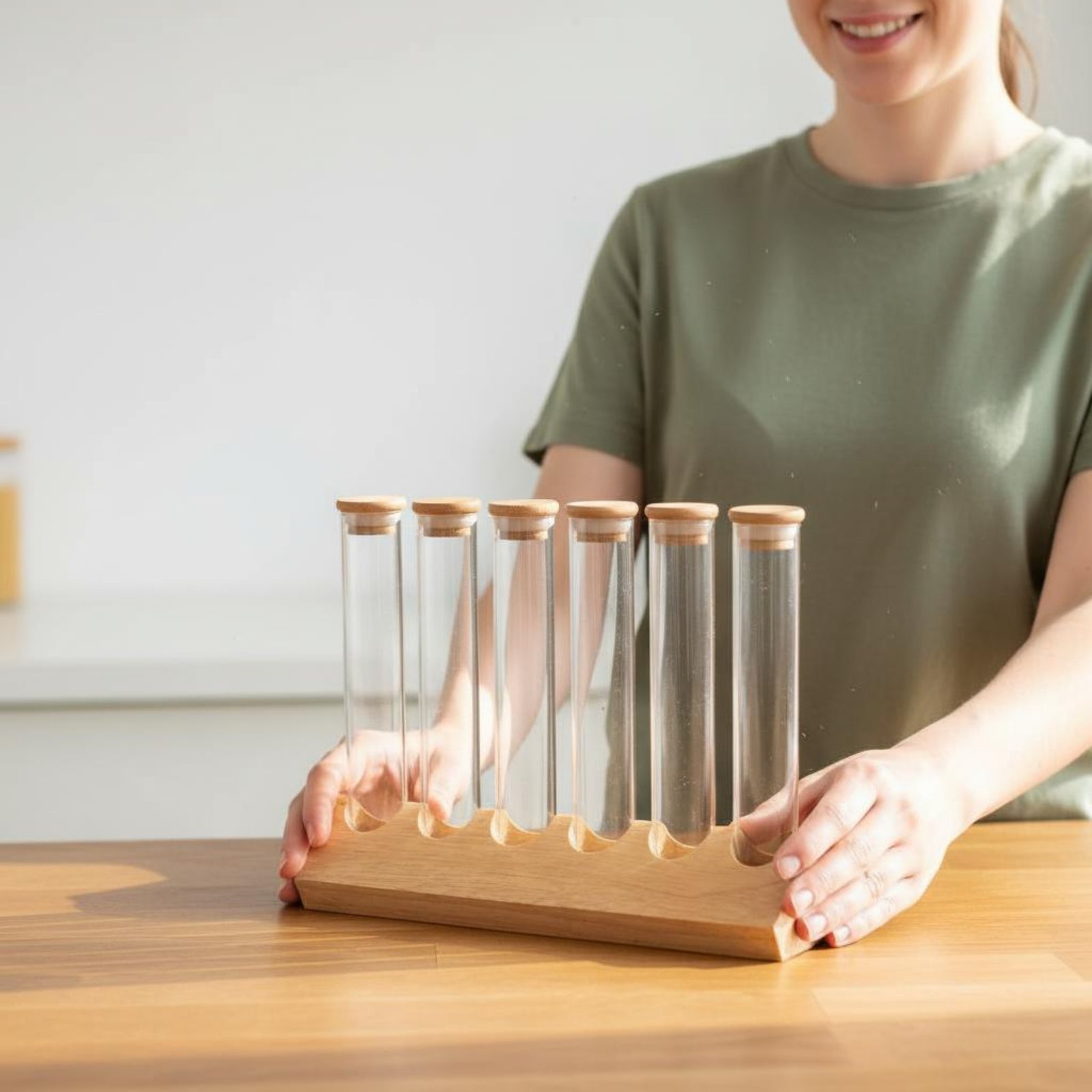 Display Stand Wood - ชุดภาชนะแก้วทรงกระบอกพร้อมขาตั้งไม้ ชุดชั้นวางแก้วทรงกระบอกไม้ ประหยัดพื้นที่ ชั้นวางโชว์เมล็ดกาแฟ รักษาความสดใหม่