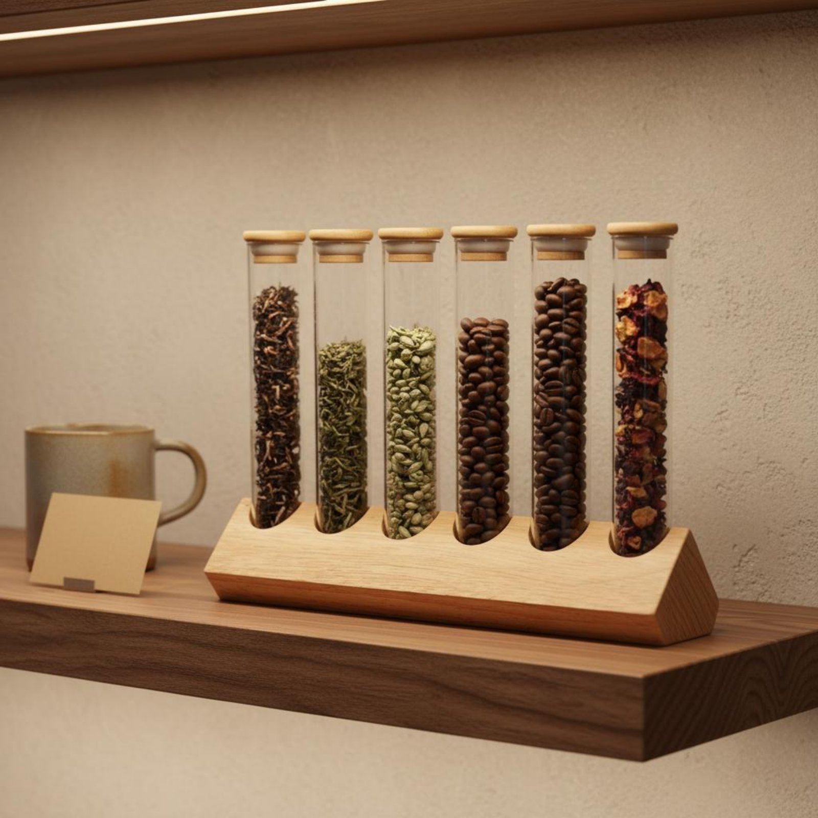 Display Stand Wood - ชุดภาชนะแก้วทรงกระบอกพร้อมขาตั้งไม้ ดีไซน์โปร่งใส ชุดชั้นวางแก้วทรงกระบอกพร้อมขาตั้งไม้ ชั้นวางโชว์เมล็ดกาแฟ ทำความสะอาดง่าย
