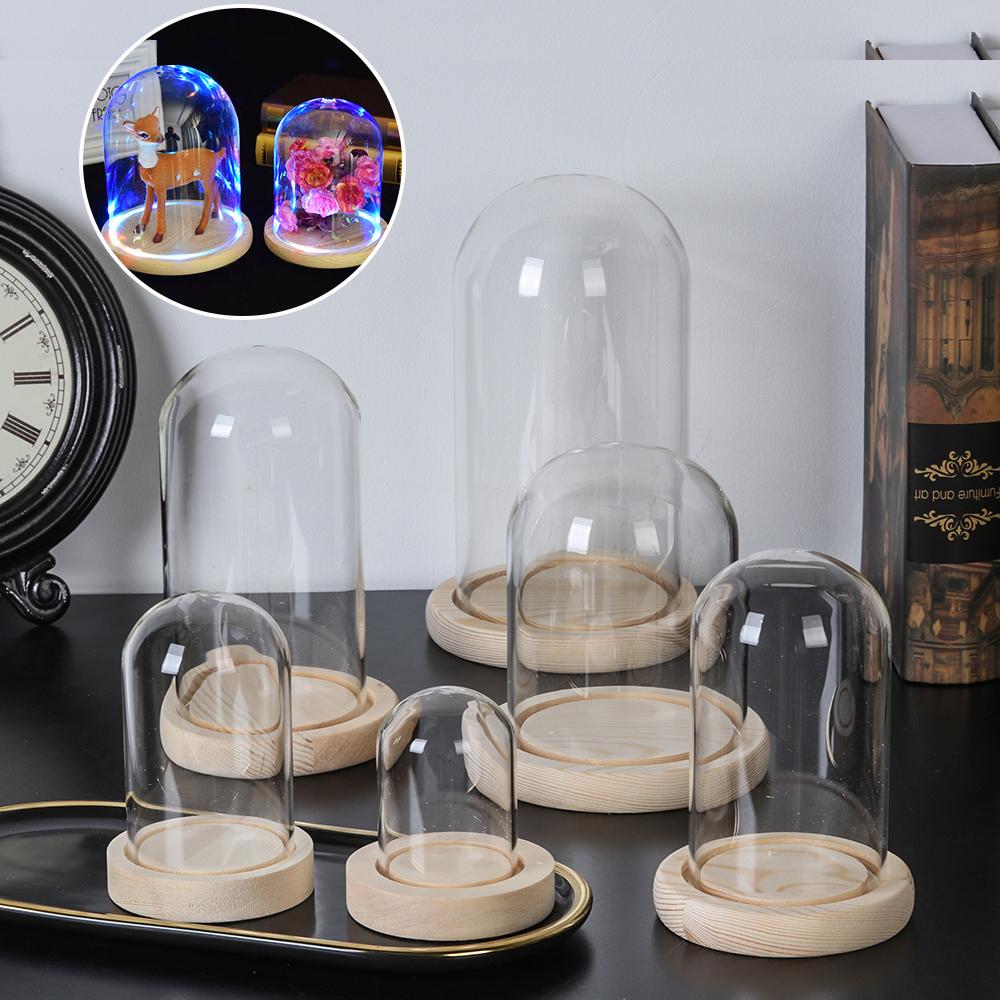 Display Stand Wood - แก้ว Cloche Jar ขาตั้งจอแสดงผลฝาครอบ Terrarium ขวดฐานไม้อะคริลิคฝุ่นกล่องดอกไม้อมตะกล่อง
